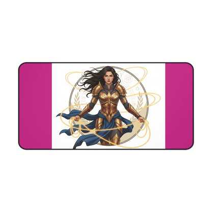 Wonder Warrior Desk Mat — Feminine Heroine Mouse Pad with Gold Armor Illustration