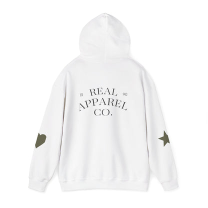 New Day Hoodie — "New Day" Graphic Pullover with Star & Heart Sleeve Accents
