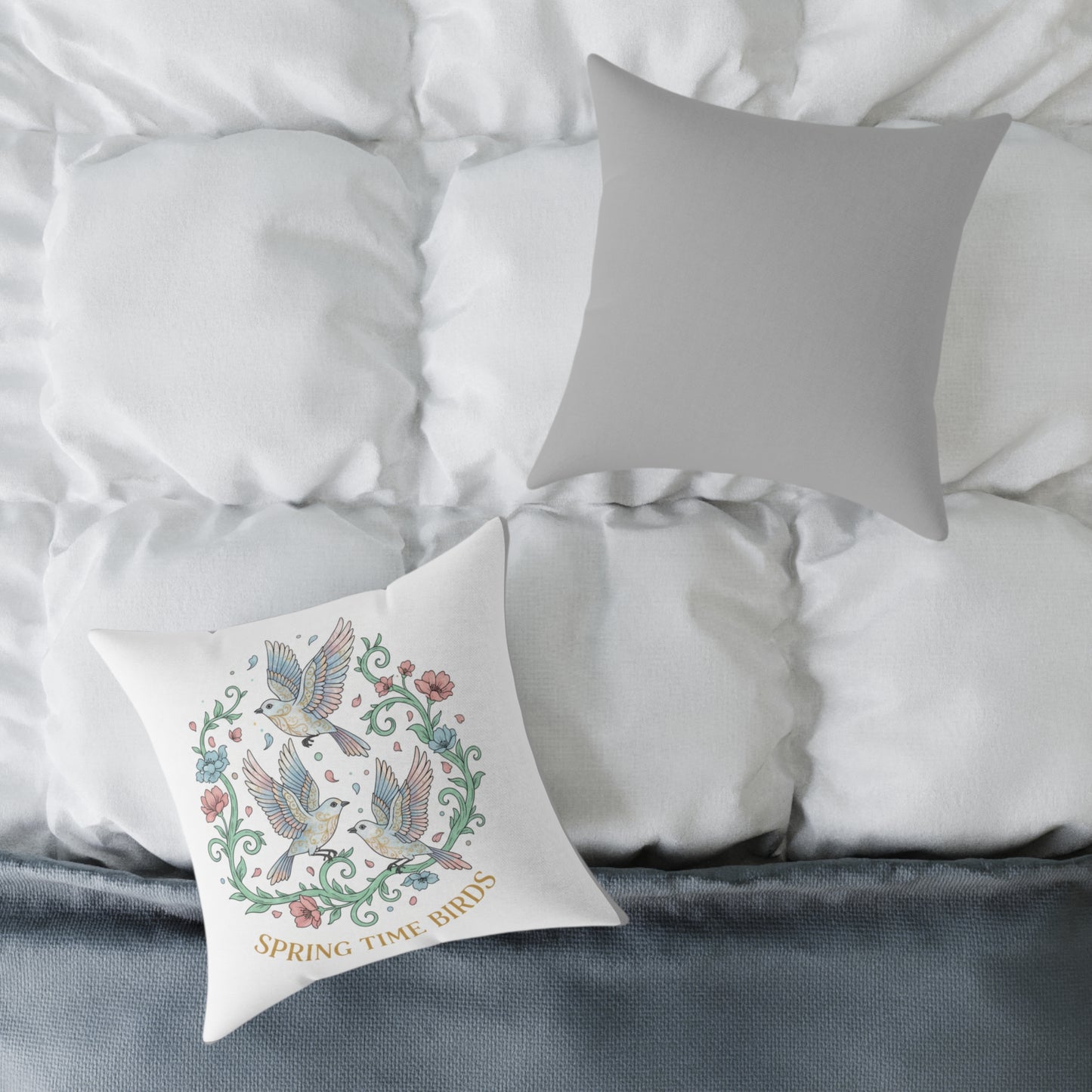 Spring Time Birds Square Throw Pillow — Floral Hummingbird Accent Cushion
