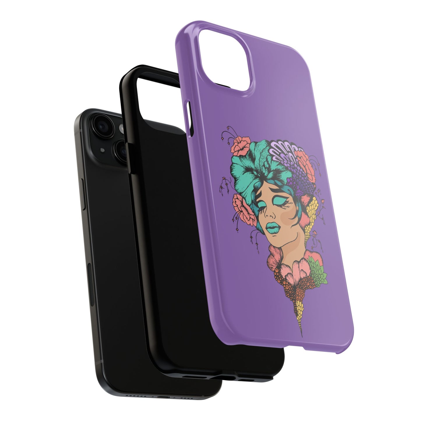 Floral Dreamer Tough Phone Case — Purple Artistic Woman Illustration, Protective iPhone Cover