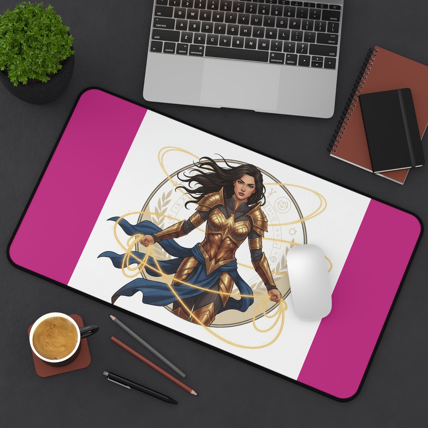 Wonder Warrior Desk Mat — Feminine Heroine Mouse Pad with Gold Armor Illustration