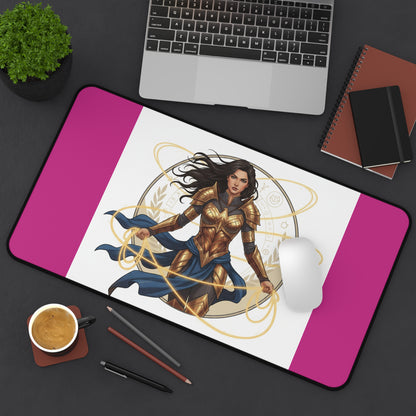 Wonder Warrior Desk Mat — Feminine Heroine Mouse Pad with Gold Armor Illustration