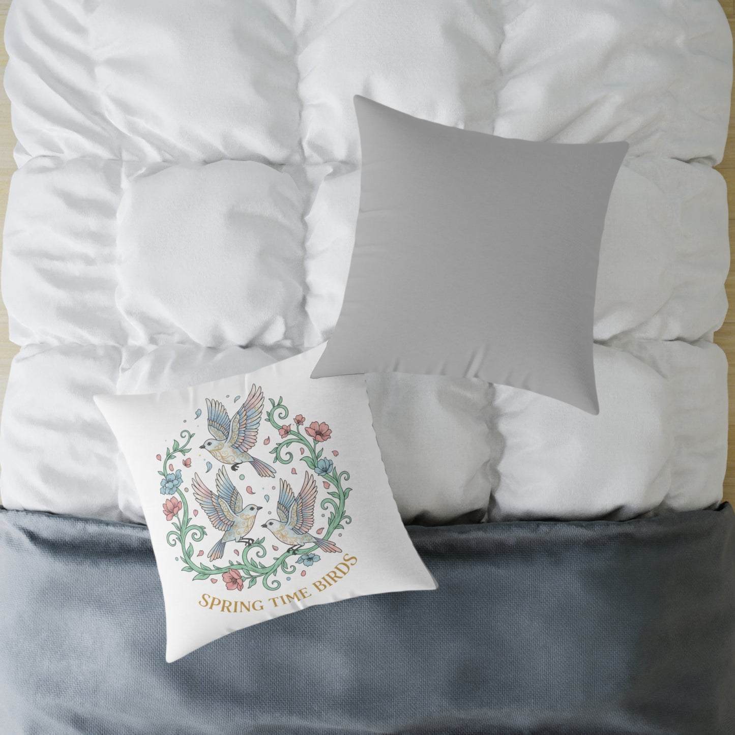 Spring Time Birds Square Throw Pillow — Floral Hummingbird Accent Cushion