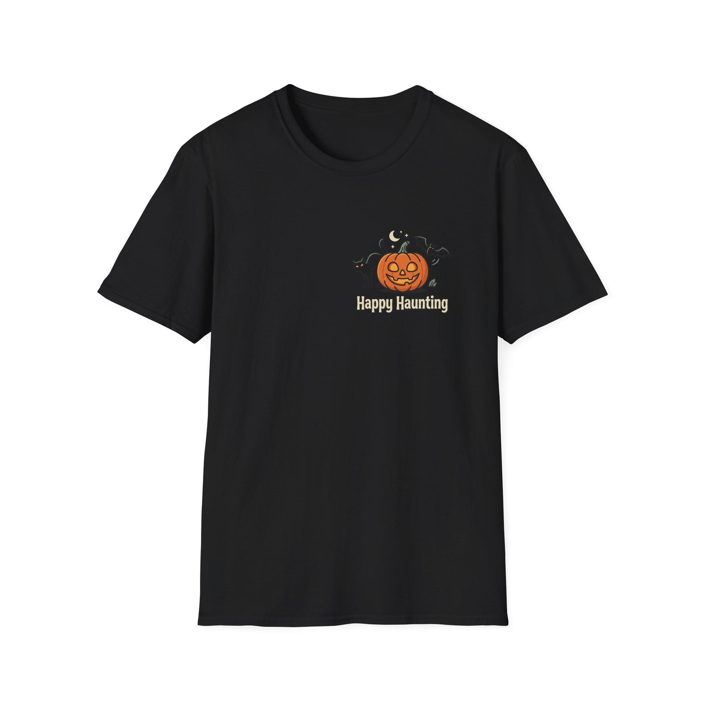 Halloween Pumpkin Graphic T-Shirt — "Happy Haunting" Cute Cat Jack-o'-Lantern Tee