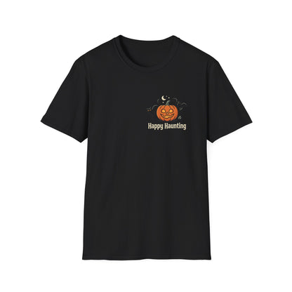 Halloween Pumpkin Graphic T-Shirt — "Happy Haunting" Cute Cat Jack-o'-Lantern Tee