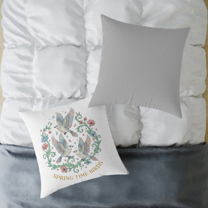 Spring Time Birds Square Throw Pillow — Floral Hummingbird Accent Cushion