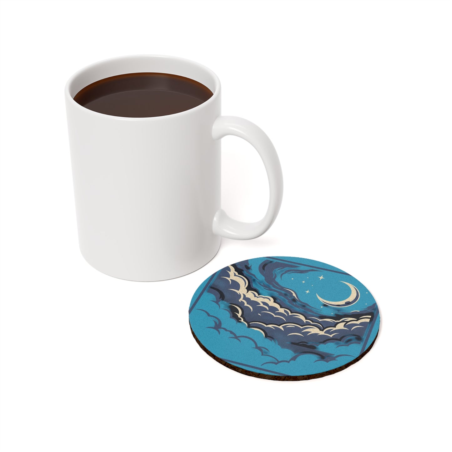 Moonlit Clouds Cork Coaster — Crescent Moon Night Sky Drink Coaster