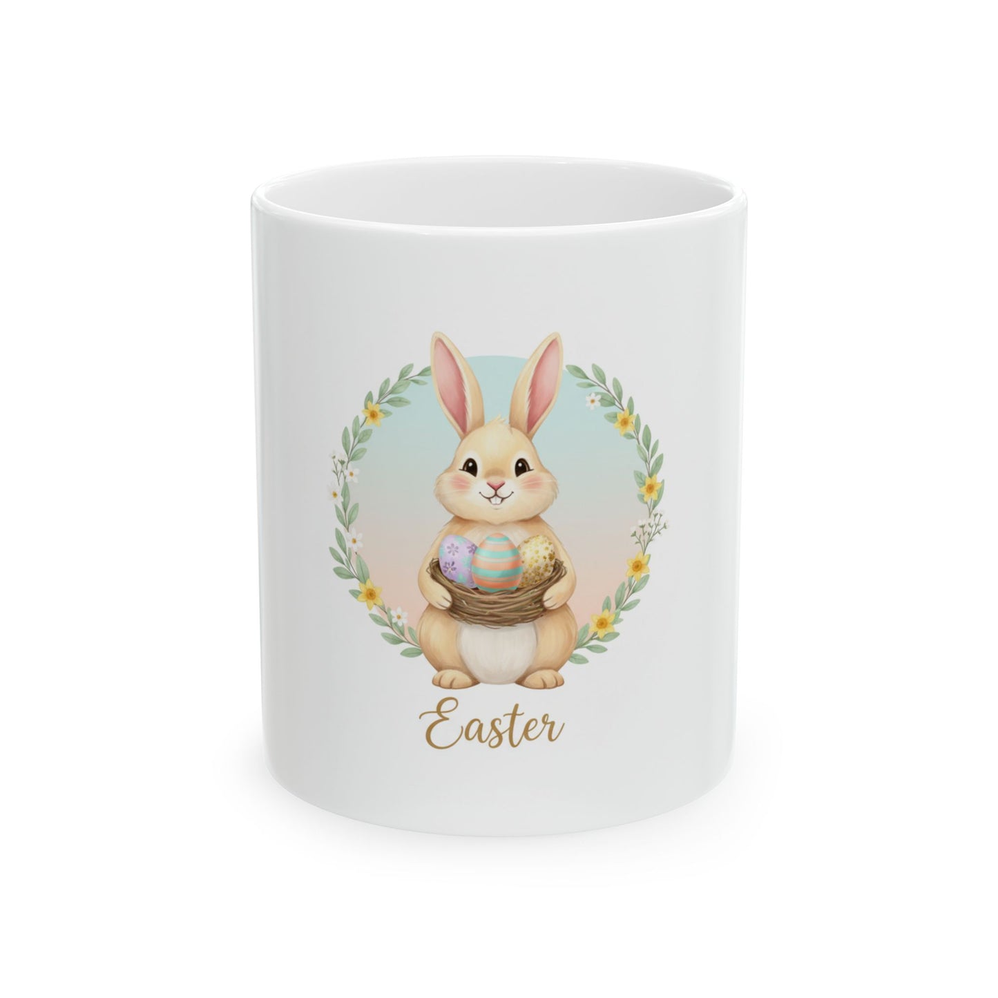 Easter Bunny Ceramic Mug - Cute Bunny Holding Easter Eggs (11oz & 15oz)
