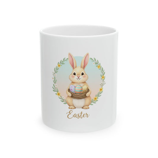 Easter Bunny Ceramic Mug - Cute Bunny Holding Easter Eggs (11oz & 15oz)