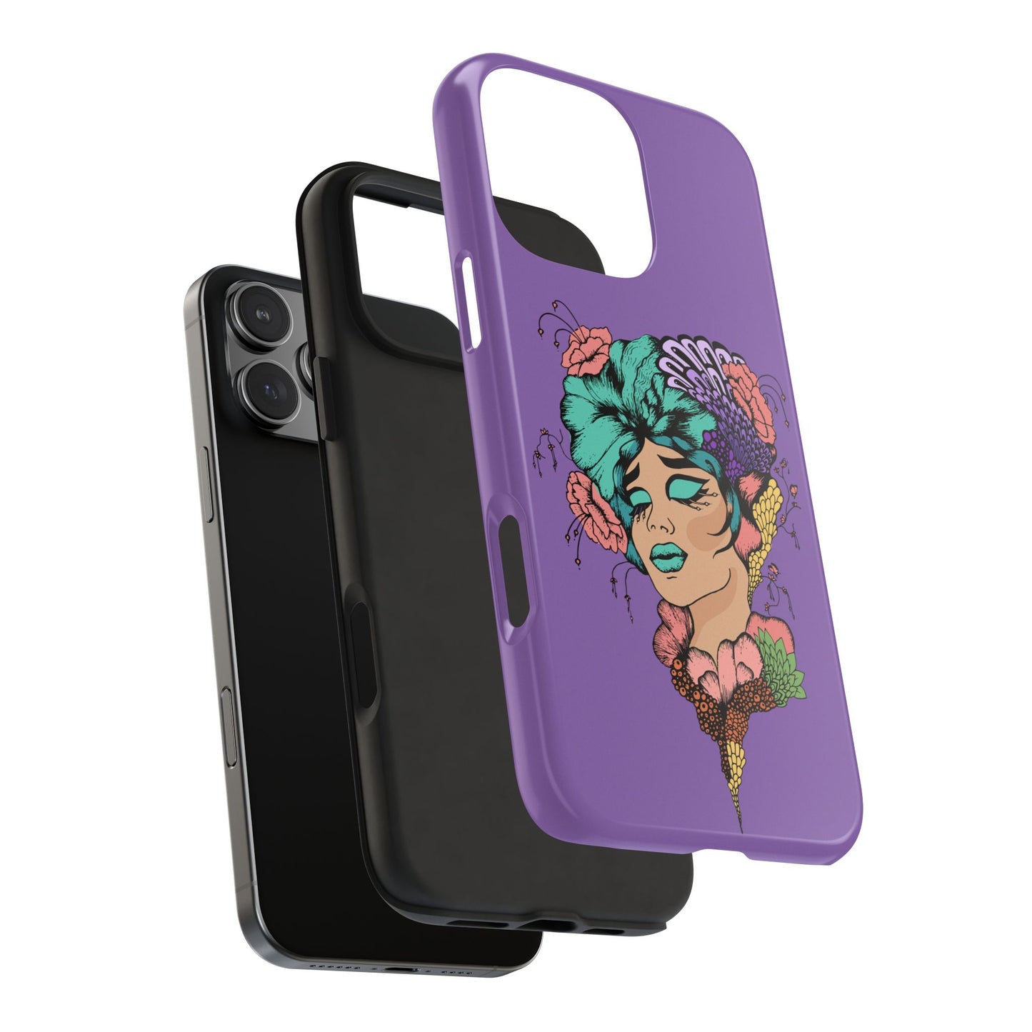 Floral Dreamer Tough Phone Case — Purple Artistic Woman Illustration, Protective iPhone Cover