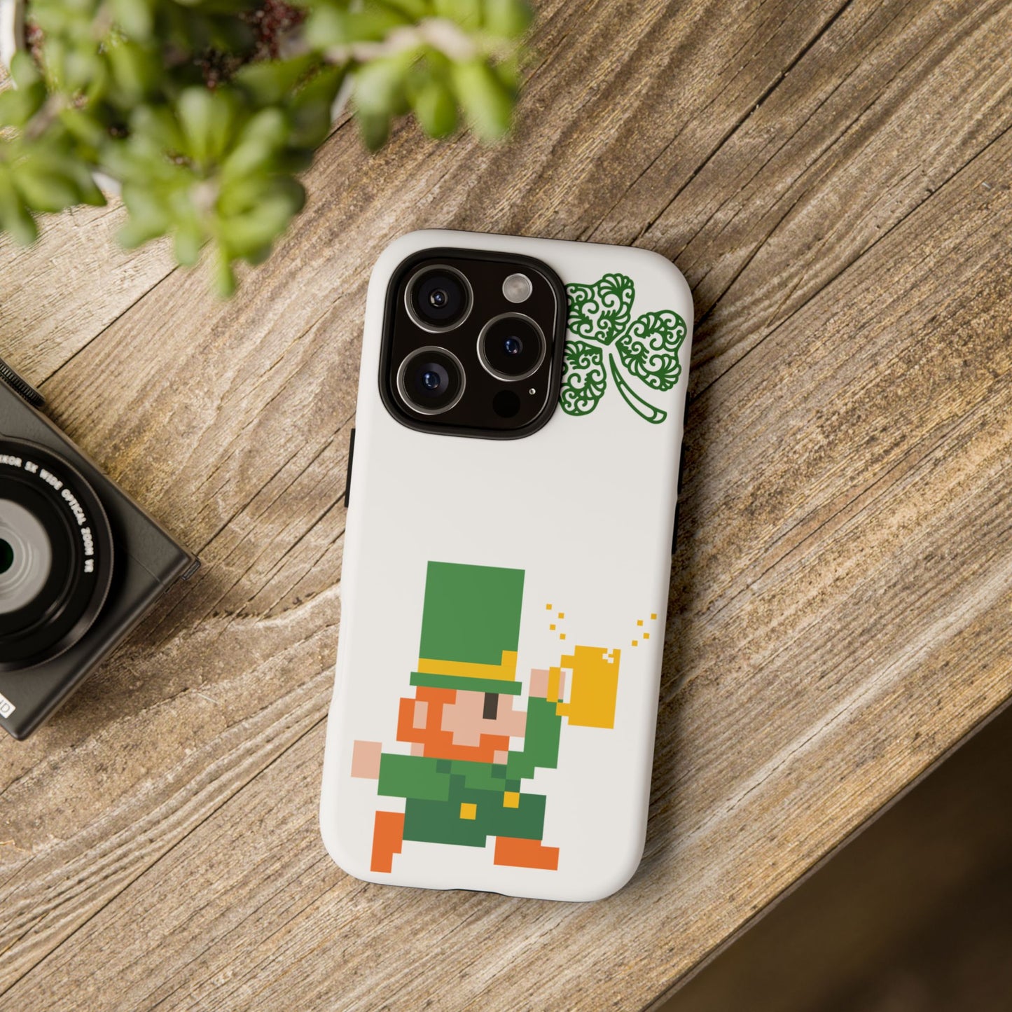 St. Patrick’s Pixel Leprechaun Phone Case — Cute Retro Gaming Clover Design