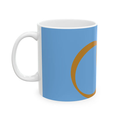 Blue Ceramic Mug with Interlocking Gold Rings – Minimalist Modern Coffee Cup (11oz, 15oz)