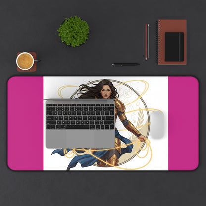 Wonder Warrior Desk Mat — Feminine Heroine Mouse Pad with Gold Armor Illustration