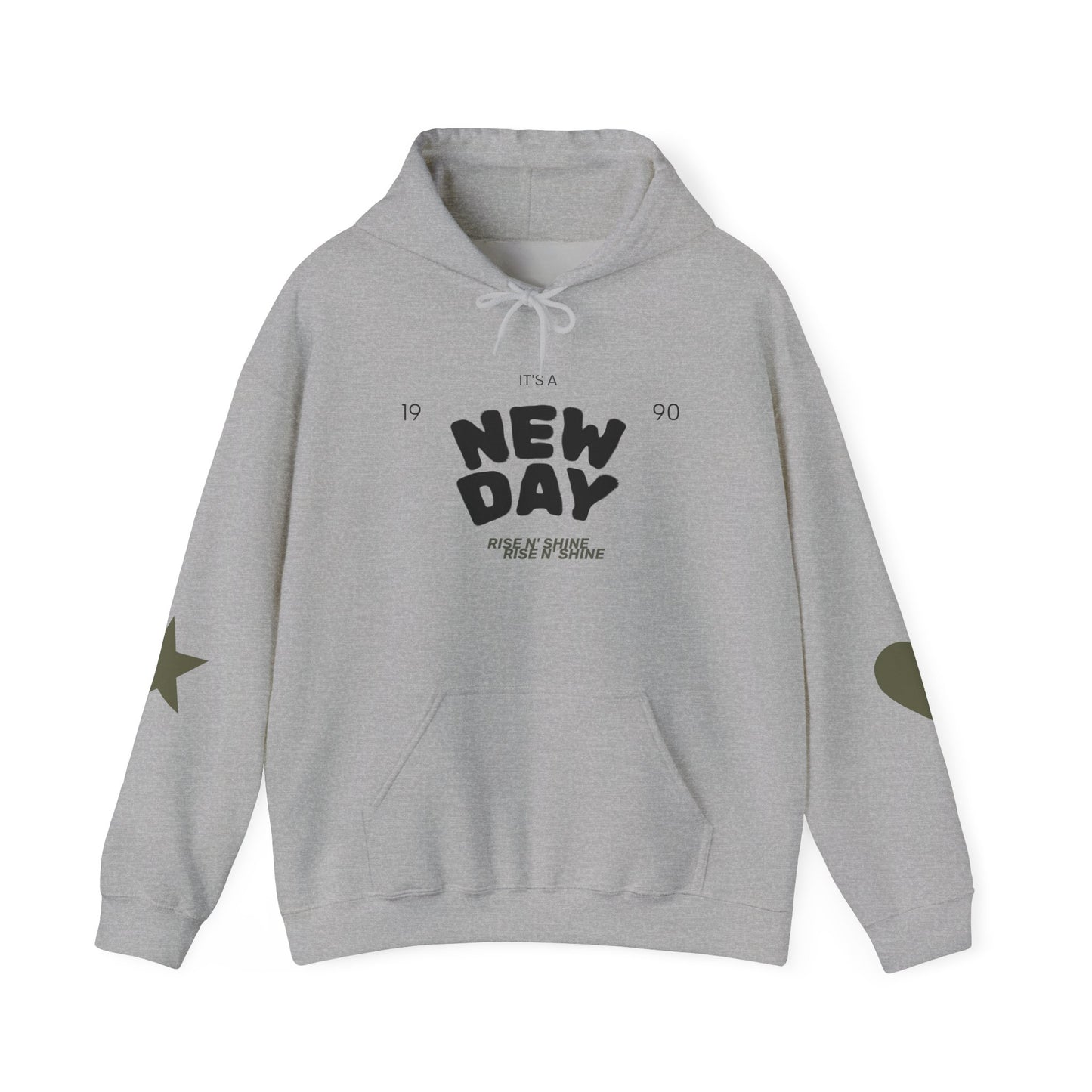 New Day Hoodie — "New Day" Graphic Pullover with Star & Heart Sleeve Accents