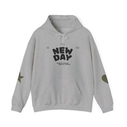 New Day Hoodie — "New Day" Graphic Pullover with Star & Heart Sleeve Accents