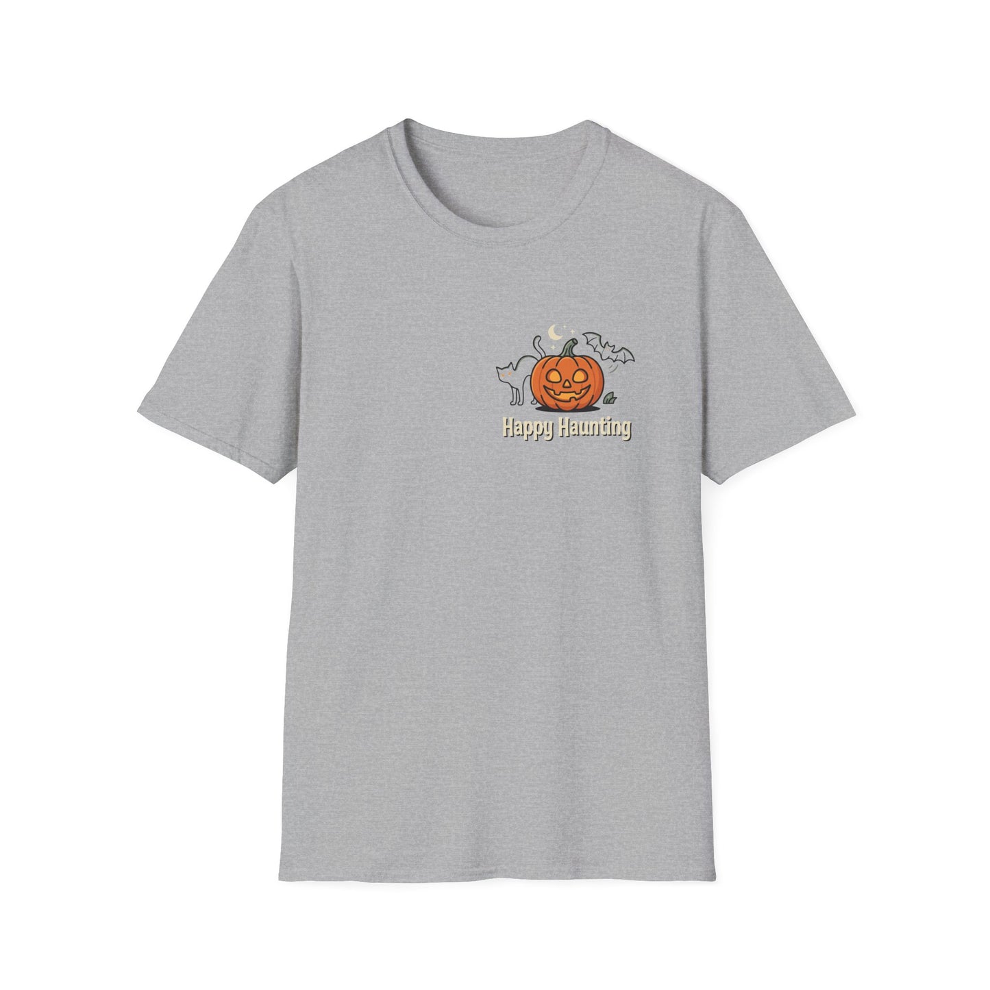 Halloween Pumpkin Graphic T-Shirt — "Happy Haunting" Cute Cat Jack-o'-Lantern Tee
