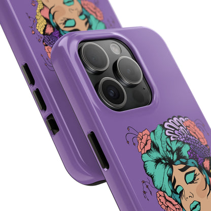 Floral Dreamer Tough Phone Case — Purple Artistic Woman Illustration, Protective iPhone Cover