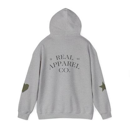 New Day Hoodie — "New Day" Graphic Pullover with Star & Heart Sleeve Accents