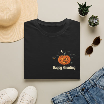 Halloween Pumpkin Graphic T-Shirt — "Happy Haunting" Cute Cat Jack-o'-Lantern Tee