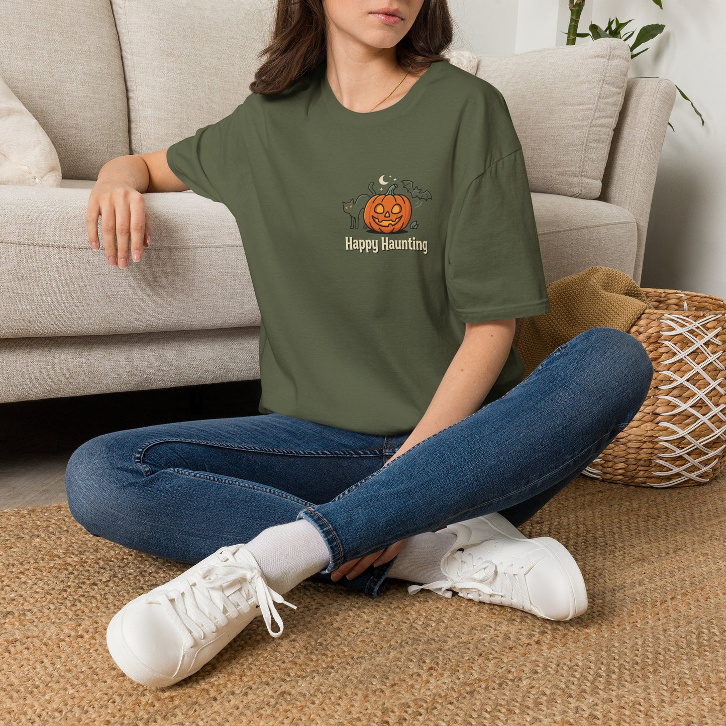 Halloween Pumpkin Graphic T-Shirt — "Happy Haunting" Cute Cat Jack-o'-Lantern Tee